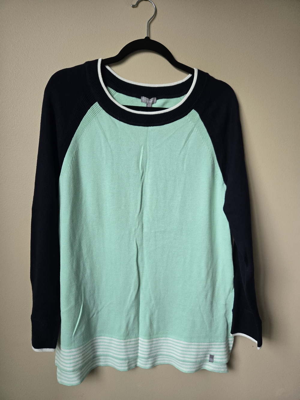 Talbots Mint Front with Navy Raglan Sleeve Sweater